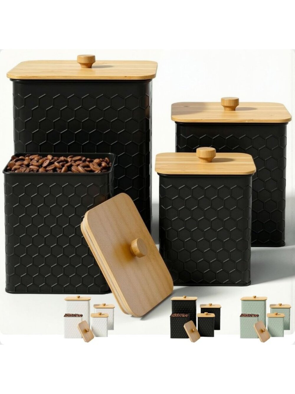 Airtight Kitchen Canister Set of 4 with Easy Open Bamboo Lids for Countertop